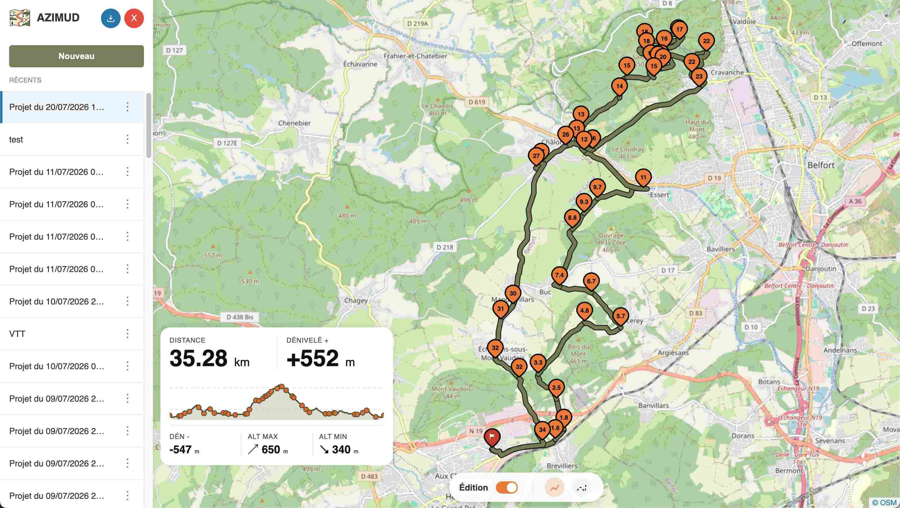 Interface de l'éditeur cartographique OnRallonge avec tracé GPX et statistiques